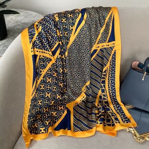 Large Blue and Yellow Silky Satin Scarf- Shimmer and Shawls Boutique Exclusive - Picture 4 of 6